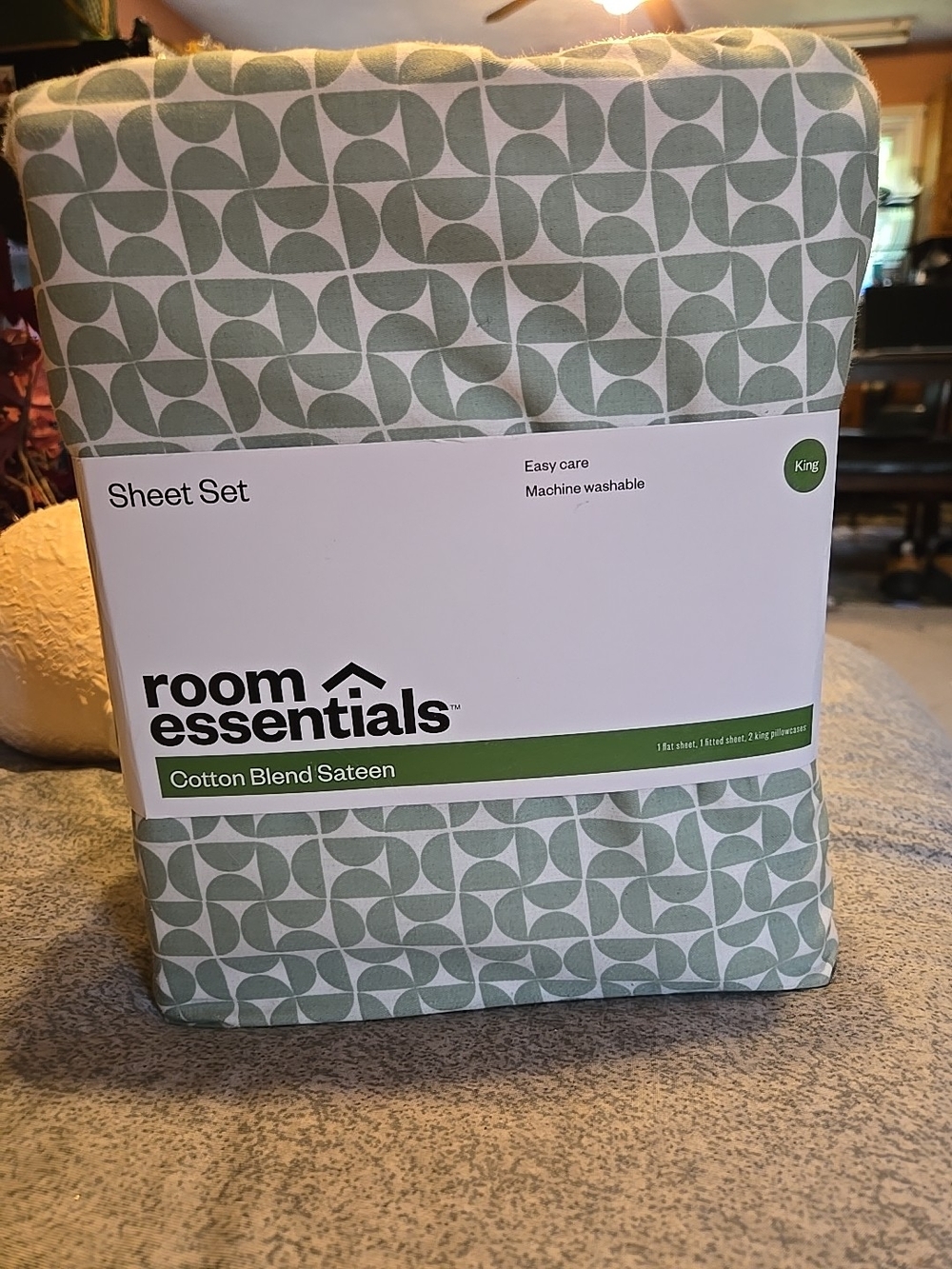 Room Essentials Sage Geo Cotton-Blend Sateen King Sheet Set